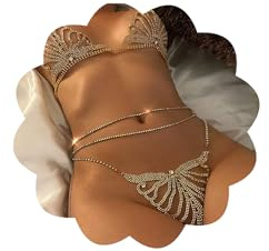 Xerling Conjunto de bikini de cristal sexy con diamantes de imitación, conjunto de cadena para el cuerpo, brasier con borlas, arnés y cadena con tanga, joyería corporal para mujer, disfraz de fiesta