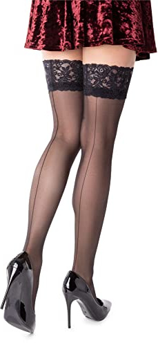 NOQ Penelope - Calze autoreggenti da donna con cucitura posteriore, 15 denari, stile sera, sexy, con lacci in pizzo, lingerie da donna, schwarz, XL