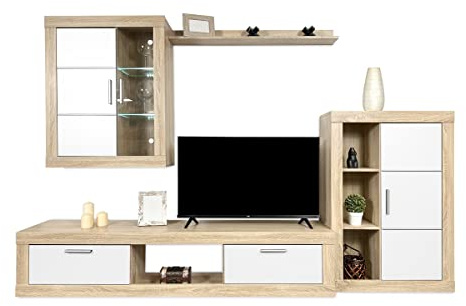 Homey - Mueble de Salón Moderno con Leds, Módulos de Comedor, Modelo Freim, Acabado en Blanco y Cambria, Medidas: 259 cm (Ancho) x 132,5 cm (Alto) 40 cm (Fondo)