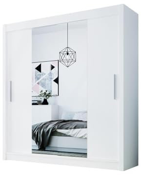 Easy4You D2 180 cm Weiß Schiebetüren Kleiderschrank 180x215x58 cm mit Spiegel - Schlafzimmermöbel, Aufbewahrung - Mehrzweckschrank