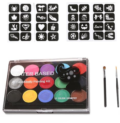 Neoreser Gesichtsfarbe Kinderschminke Set, 15 Farben Schminkfarben Schminkpalette, Waschbar Schminkfarben Body Painting Körperfarbe Kinder mit 2 Pinsel, Halloween Karneval Fasching Schminken Set