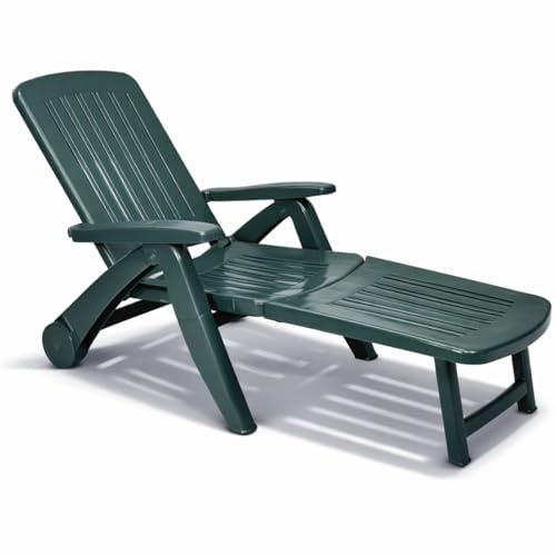 Tomaino - Lettino Prendisole in Plastica da Giardino - Schienale Reclinabile, Pieghevole con Ruote - Campeggio, Spiaggia, Piscina, per Esterno (Verde)