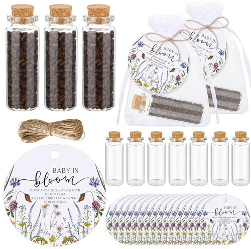 Liliful 50 Sets Baby in Bloom Baby Shower Party Favors Seed Organizer Bottles Glass Bottles with Cork Stopper with Thank You Tags and Organza Bag Gender Reveal Party for Guests, No Seed