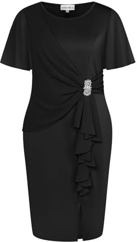 Hanna Nikole Women Plus Size Short-Sleeved Chiffon Hip Cocktail Elegant for Wedding Pencil Knee-Length Black 20