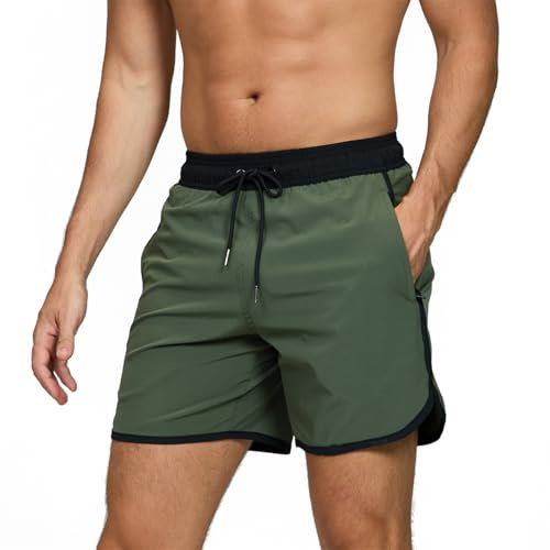 EDOTON Bañador para Hombre Bañador Pantalones Cortos de Playa de Secado Rápido Ajustables con Bolsillos Bañador con Estampado Unicolor Shorts de Baño para Natación (Negro Verde Militar,EU L)