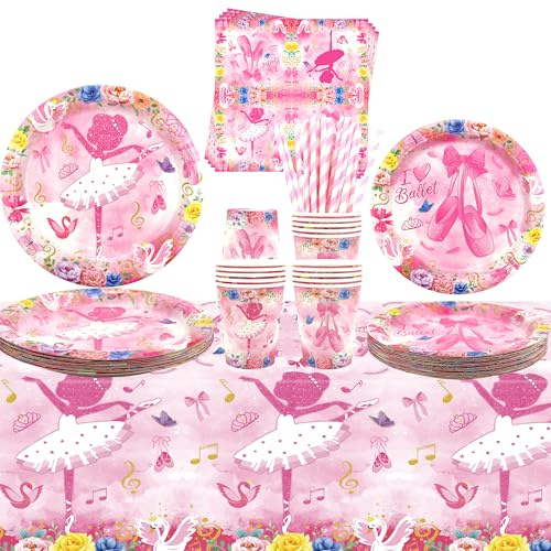 Ballerina Party Decorations Ballet Party Tableware, Dinner Plates Desserts Plates Cups Napkins Tablecover Straws for Girls Women Dance Ballerina Supplies, Serves 20