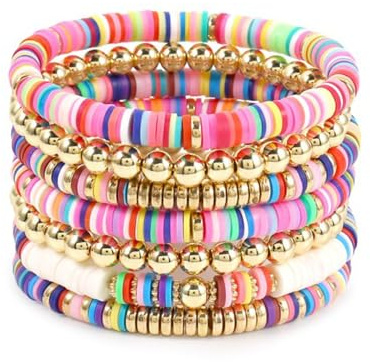 KIRVOS 7Pcs Pulsera de cuentas de surfista para mujer,Rainbow Bracelets Boho Beaded Bracelet,pulsera colorida con cuentas de bola de pila,para Mujeres Niñas