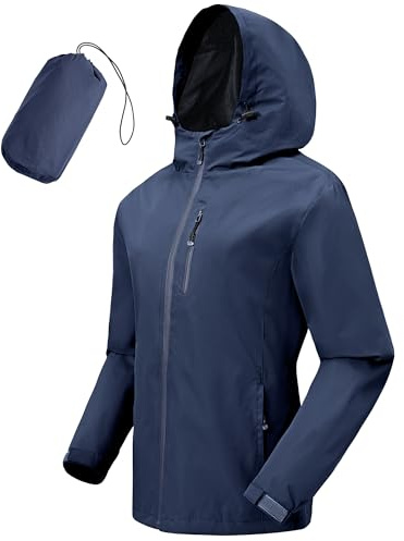Tyhengta Women Waterproof Jacket Lightweight Raincoat Windproof Outdoor Waterproof Rain Jackets for Hiking Camping Walking Navy Blue,XL