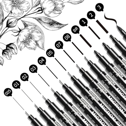 Camiki Art Black Fineliner Pens, 12 Pack Fine Liner Pens, Drawing Pens for Artist and Adult, Waterproof Micron Pens Set for Sketching Illustration Drawing Anime Manga