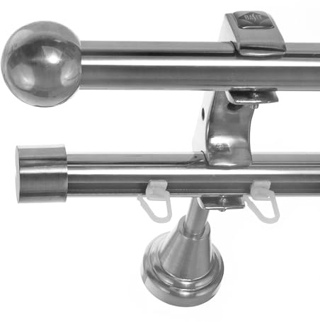 BASIT Rohr + Innenlauf Gardinenstange Wandmontage 2 läufig 140cm lang Edelstahl Look Metall Gardinenstange 2 läufig Wandbefestigung Ø20mm I H60 RI