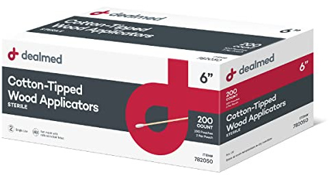 Dealmed Applicatori per legno con punta in cotone, 15,2 cm, 200 applicatori sterili con punta in cotone per applicazione di farmaci, pulizia della pelle, arte, artigianato e altro (confezione da 200)
