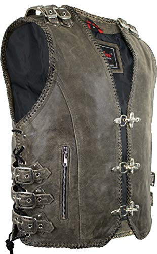 MDM Chaleco Cuero Hombre Con Relieve De Águila - Gilet Motero Vintage En Piel Vacuna Auténtica, Cordones Y Hebillas Ajustables En Costados, Hebillas En Hombros, Ganchos Cromados
