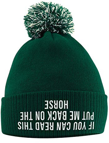 SaveThePeople If You Can Read This Put Me Back On The Horse Hat - Bobble Beanie Hat - Horse Riding Gifts for Girls - Winter Beanie Hat with Horse Slogan Embroidered On The Front Bottle Green