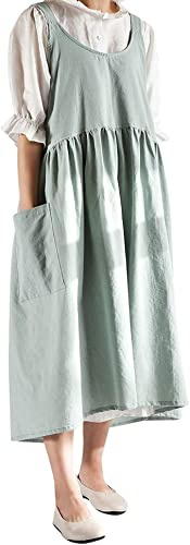 Upxiang Women Retro Literature Art Cotton Linen Cross Back Apron Flower Shop Clothing Cafe Kitchen Cooking Casual Apron;