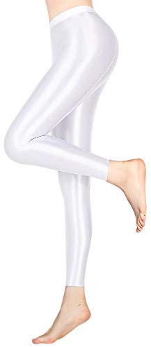LEOHOX Collants sexy huileux brillants et opaques pour femme - Élastique liquide - Taille haute - Collants de sport - Fitness, Blanc., L