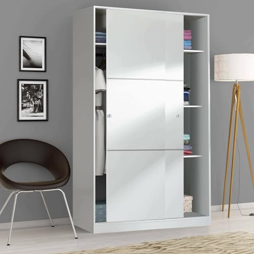 Dmora - Guardaroba 2 ante Waterbury, Armadio per camera da letto, Mobile con 4 ripiani e barra appendiabiti, 120x50h200 cm, Bianco