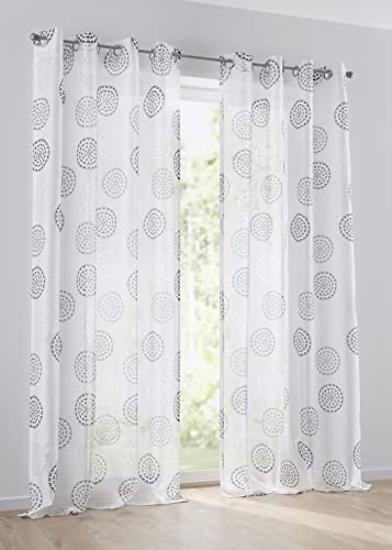 Vorhang Bella anthrazit, Gardine mit Ösen, halbtransparent weiß, Ausbrenner, durchscheinend, Bedruckt mit Kreis Motiv (1 Stück) (135 x 245 cm)