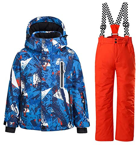 HOTIAN Kinder Skianzug, Jungen Kinder Schneeanzug,Kinder Winteroverall Wasserdichter Skianzug Jungen,Outdoor Warm Skifahren Bekleidung Skijacke and Skihose BU+OR-14