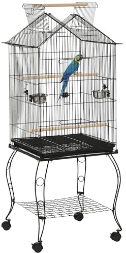 PawHut Jaula para Pájaros 50x58x145 cm Pajarera Metálica con 3 Puertas 2 Comederos 3 Perchas Bandeja Extraíble Estante Abierto y 4 Ruedas para Canarios Periquitos Negro
