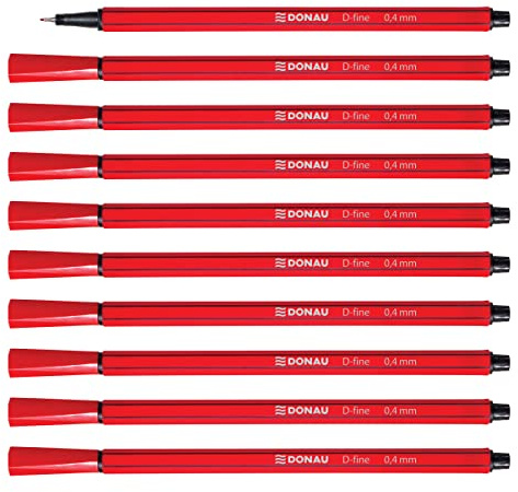 OFFICER PRODUCTS DONAU D-FINE Fineliner 0,4 mm/ 10er Pack/Farbe: Rot/Filzstifte/Metallgefasste Spitze/für Erwachsene und Kinder Schule Büro Homeoffice/Geruchlos Ungiftig
