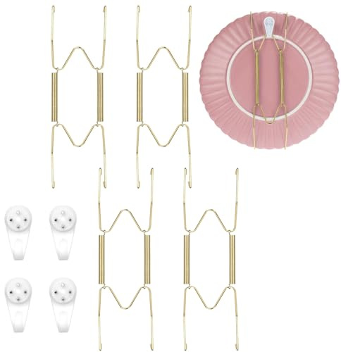 BDBF 4Pcs Invisible Plate Holders, Wall Plates with Stainless Steel W Shaped Spring Hooks, Decorative Sheet Metal Hangers