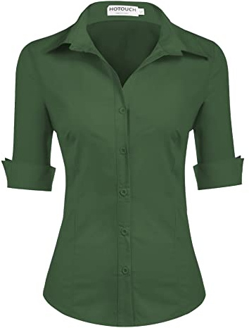HOTOUCH Womens Shirts Short Sleeve Cotton Blouse Ladies 3/4 Sleeve Office Shirt Button Down V Neck Blouses Slim Fit Tops Green M