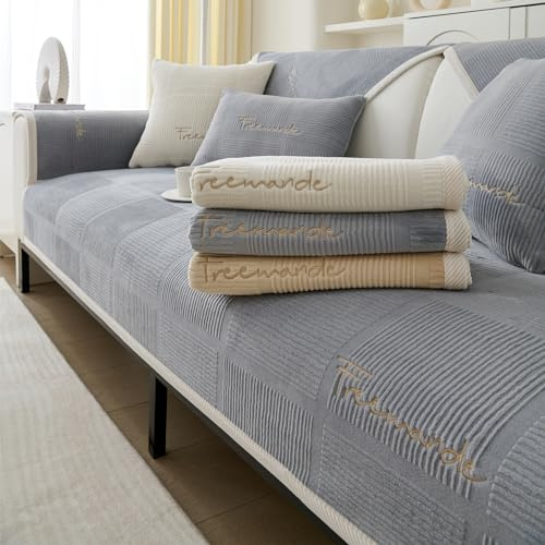 Topchances Sofa Slipcovers 2/3/4 Seater,Non Slip Sofa Cover for Dogs All-Seasons Sofa Wrap with Non-Slip Silicone Particles Apply to Living Room Dogs Cat Pet(Milky Velvet Grey,70x70cm 1PCS)