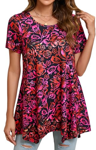 Enmain Tunic Tops for Women UK Short Sleeve Ladies Tunics Casual Summer Top for Leggings Loose Blouses T-Shirt Round Neck Black & Red 2XL