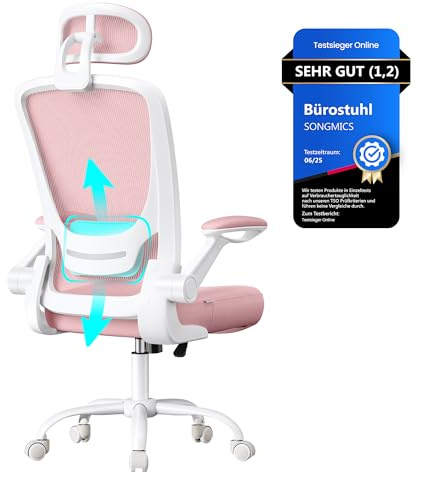 SONGMICS Bürostuhl ergonomisch, Drehstuhl mit Mesh, Lenden- und Kopfstütze, Wippfunktion, 53 cm große Sitzfläche, klappbare Armlehnen, Arbeits- und Schlafzimmer, Studenten, pastellrosa OBN047R01