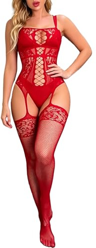 XIUSEMY Body sexy de una pieza para mujer, ropa de noche, talla grande, Rojo Yx, Talla única