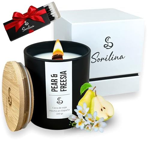 SORILINA Vela Pera y Fresia Aroma Elegante | Cera de Soja, Mecha de Madera, Cerillas de Regalo