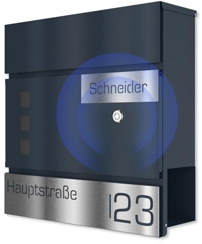 Graviers Design Briefkasten mit integrierter Funkklingel in Anthrazit RAL 7016 - Sichtfenster Postkasten personalisiert Edelstahl Laserschnitt Gravur Wandbriefkasten mit Schloss Zeitungsfach