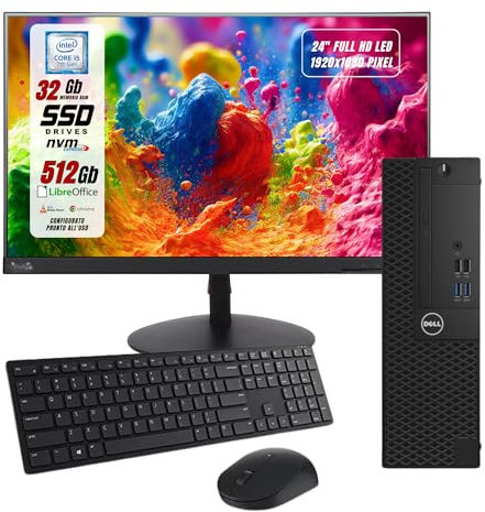 Postazione Completa Pc Desktop Dell Pronto All'Uso Intel i5-7500 4 Core 3.4Ghz, Ram 32Gb, SSD 512 Gb, Monitor 24 FHD, Libre Office, Compreso di Mouse e Tastiera (Ricondizionato)
