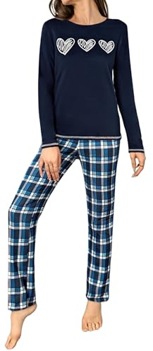 Marvmys Pyjama Femmes d'hiver en Coton Deux Pièces Confortable Col Rond T-Shirt Imprimé en Coeur Pantalon à Plaids avec Poches S-XXL