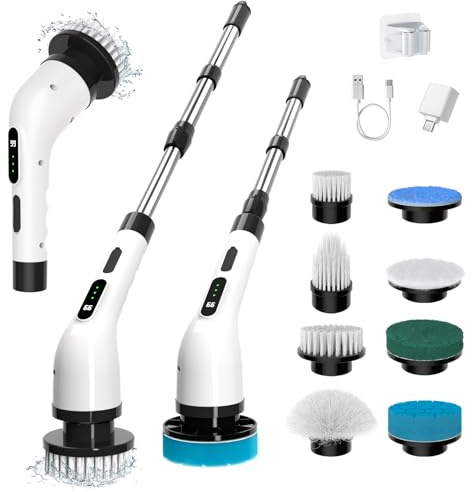 ELEBUILD Electric Spin Scrubber, Cordless Cleaning Brush with 8 Replaceable Brush Heads, 3 Speed Control, Extendable Long Bathroom Handle, 360/440/520RPM Electric Scrubber, Floor Cleaner for Kitchen
