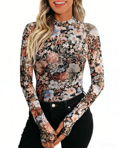 Nivarela Damen Oberteil aus transparentem Mesh mit Stehkragen und Blumenmuster; sexy Slim Fit Longsleeve für Party, Clubwear, Streetwear, Date Looks und Y2K Schwarzer Blumendruck L