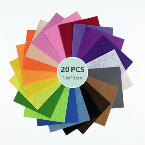 Miss Pen 20 Pcs Felt Fabric Sheets in Assorted Colored, Soft Thick Fabric for Crafts DIY Handcraft Sewing Squares Patchwork Nonwoven 15 x 15cm