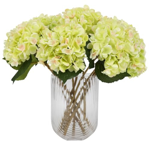 Tifuly Green Hydrangea Artificial Flowers - 5 pcs Realistic Single 18.8 in Long Stem Fake Silk Hydrangea Bouquets for Party Wedding Centerpieces Home Office Decor