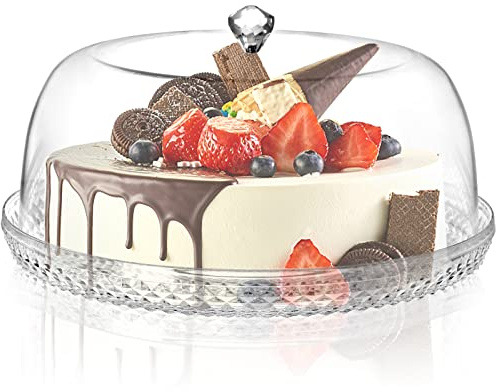 AVLA Acrylic Cake Plate with Dome, 13 Inch Cake Stand with Cover, Diamond Pattern Serving Platter with Lid for Display, Party, Entertaining, Diamond Shaped Handle