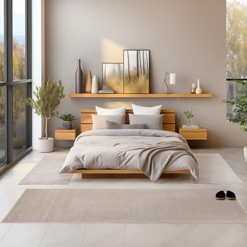 SIMPEX Alfombra de cama para dormitorio, pasillo, borde de cama, alfombra de cocina, alfombra suelo, pelo corto, juego de 3 piezas, diseño monocolor, suave, color: crema, juego de corredores
