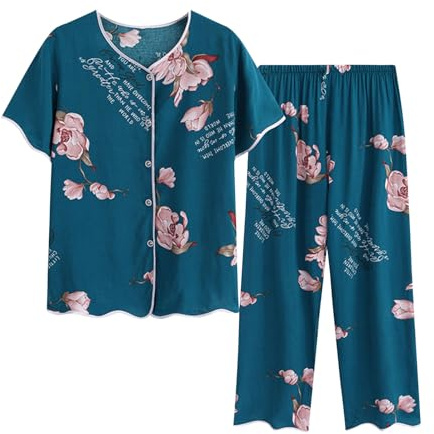 NSICBMNO Ensemble de pyjama pour femme - Grande taille - Chemise boutonnée - Haut floral - Taille élastique - Pantalon capri - Ensemble de détente d'été - Ensembles de vêtements d'intérieur