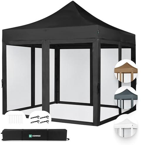 VONROC Paviljong, 3 x 3 m, vattentätt och stabilt, EasyUp-system, 3 min montering, modulärt popup-tält, expanderbart popup-tält som festivaltält, lusthus, trädgårdslusthus, svart