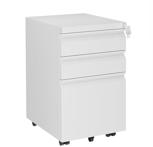 LVSTEEL Mobile Filing Cabinet, Lockable 3 Drawers with Suspension File Hanging Rails, With 4 Keys, Lockable Office Drawers Cabinet for Letter/Legal/A4 Size, White