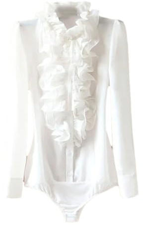 Body con volantes para mujer, blusa informal con botones y cuello alto falso, para oficina, blanco, M