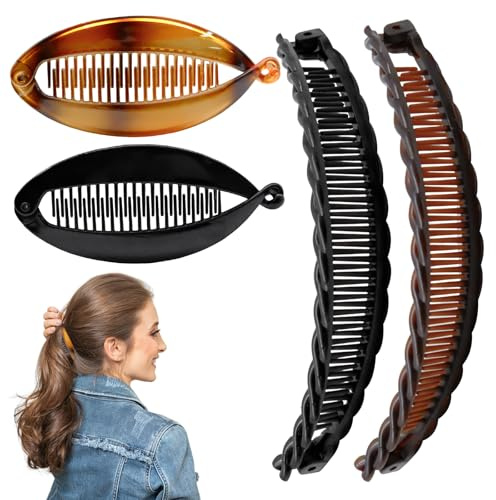 Lote de 4 Pinza Banana para el Pelo, Banana Clip Pelo Grueso Antideslizante, Pinzas de Pelo Grandes para Cabello Largo o Rizado, Con Clip Cola de Pescado