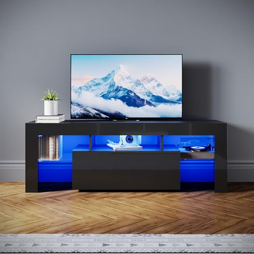 SONNI TV-skåp modernt 130 cm, lågbräda högglans svart med 16 färger LED-belysning, lådor, öppna glasgolv, TV-bord för TV upp till 65 tum vardagsrum och sovrum, 130 x 35 x 45 cm.