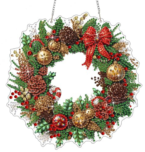 HEIBAGO Chistmas Diamantmålning, hänge för nybörjare, 5D diamantmålning, fönsterbilder, julkransar med kedja, särskilt formad kristall, hängande diamantmålning, ädelsten, konst för väggdekoration