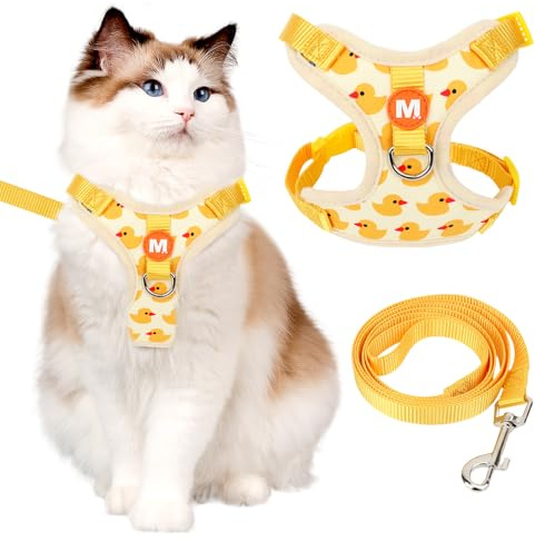 MOTIBACK Cat Harness and Leash Set with Duck Pattern, Escape-Proof Adjustable Kitten Harness, Reflective Duck Harness for Kitten, Puppy, Bunny Walking & Training