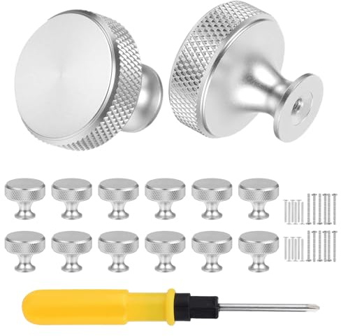 VEGCOO 12 Pack Nickel Drawer Knobs, Single Hole Silver Cabinet Knobs with Screws, Round Knurled Metal Wardrobe Knobs, Knobs for Drawers, Cupboard, Dresser