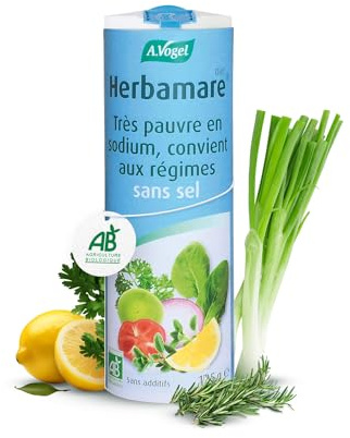 A.VOGEL - Herbamare - Sel diététique pauvre en sodium à base de potassium – Substitut savoureux aux plantes bio – Exhausteur de goût naturel – Fabriqué en France – 125 g